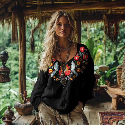 Vintage Bohemian Floral Embroidered Linen Shirt artswardrobe