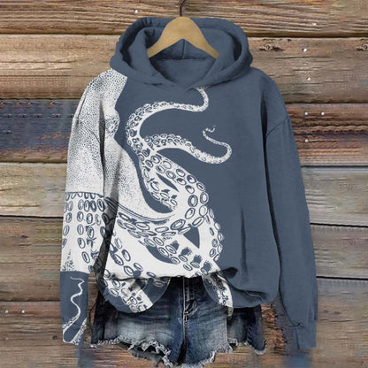 Comstylish Japanese Art Octopus Print Long Sleeve Hoodie