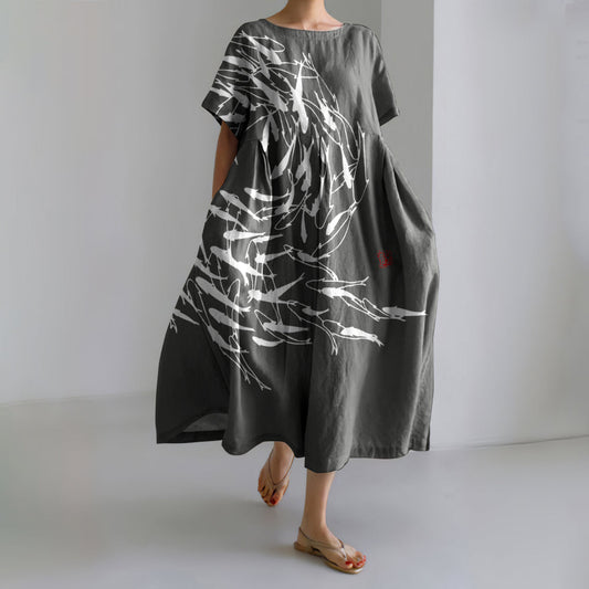 Comstylish Japanese Art Vintage Sea World Flock Of Fish Print Casual Art Linen Blend Maxi Dress