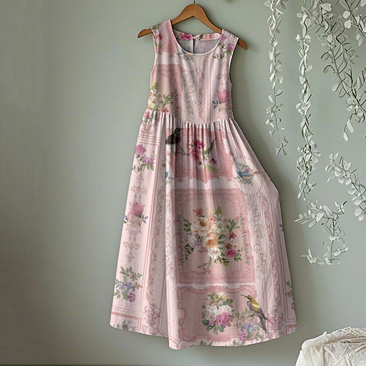Vintage Floral Round Neck Tank Midi Dress artswardrobe