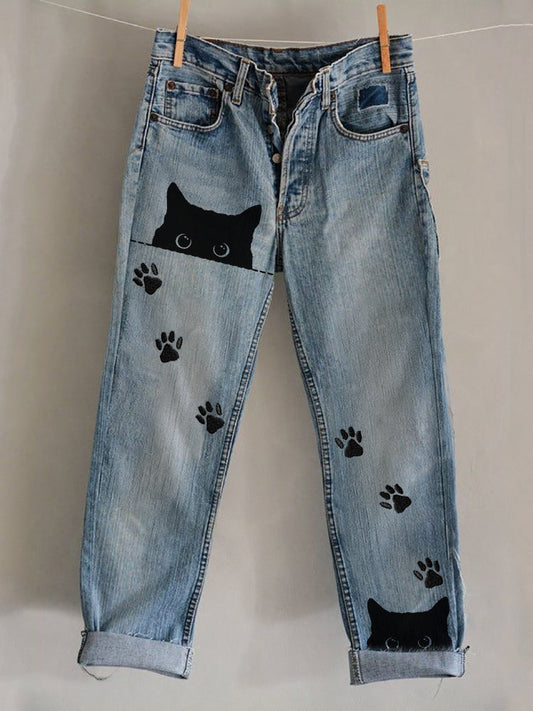 Comstylish Peeking Black Cats Paw Prints Washed Jeans