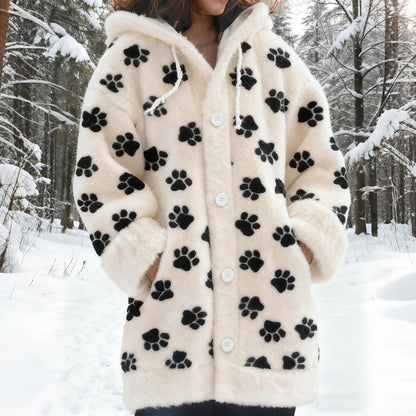 Comstylish Vintage Puppy Paw Art Cozy Knit Hooded Cardigan