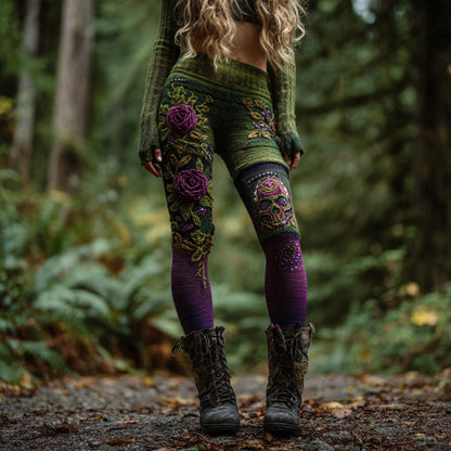 Women's Vintage Skull And Rose Patchwork Comfortable Leggings elevenforest
