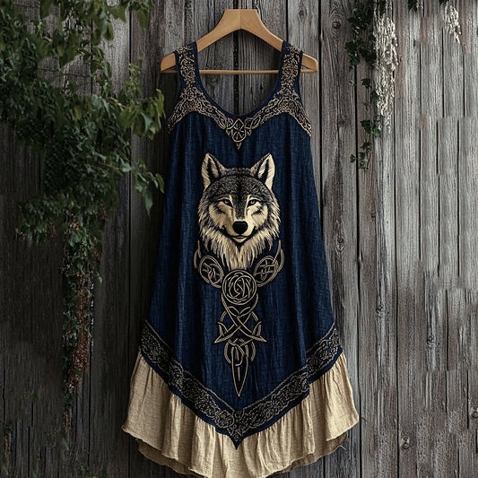 Viking Wolf Pattern Patchwork V-neck Tank Midi Dress artswardrobe