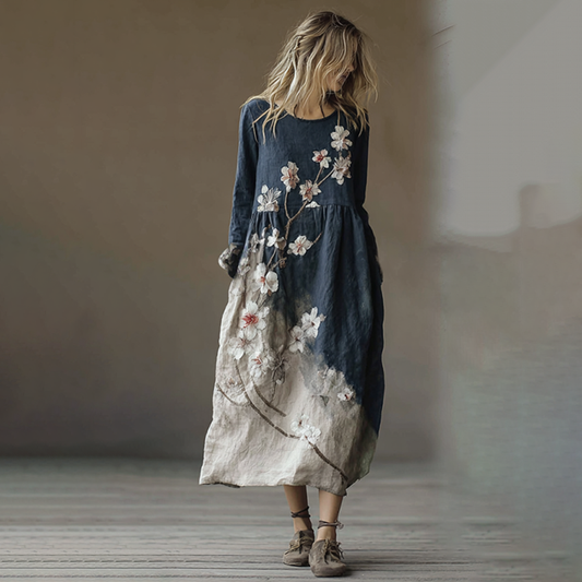 Classy Gradient Japanese Sakura Cherry Blossoms Embroidered Pattern Linen Round Neck Long Dress artswardrobe