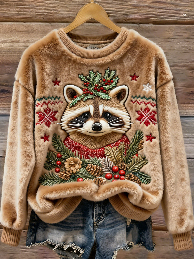 Comstylish Christmas Raccoon Design Women's Flannel Sweatshirt