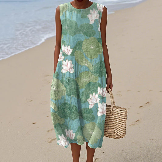 Women's Vintage Lily Pad Art Pattern Cotton And Linen Tank Dress artswardrobe