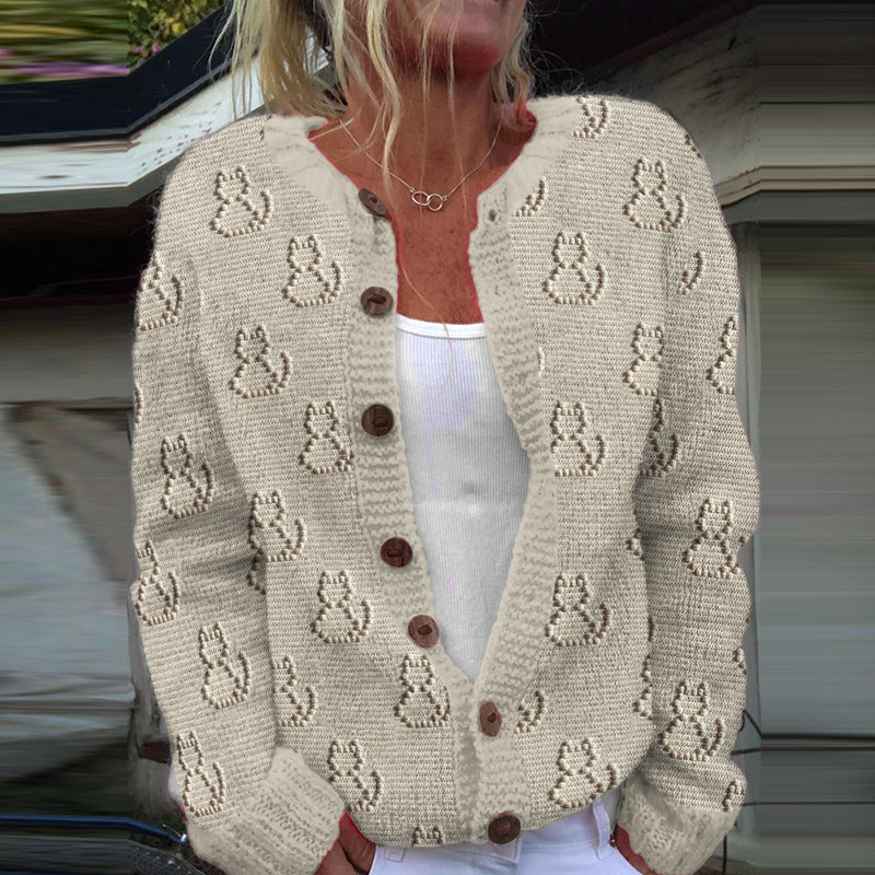 Comstylish Cute Cat Embroidered Cozy Knit Cardigan