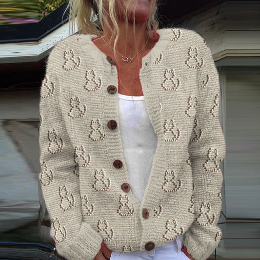 Comstylish Cute Cat Embroidered Cozy Knit Cardigan