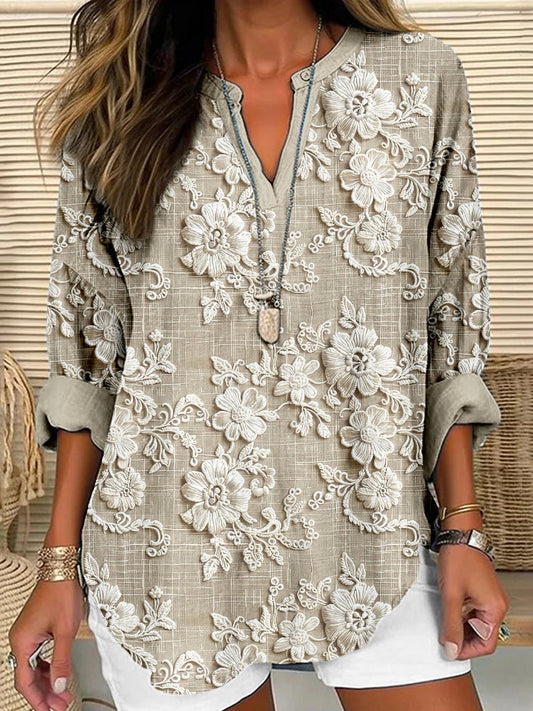 Comstylish Vintage Floral Lace Embroidered Linen Blend Tunic