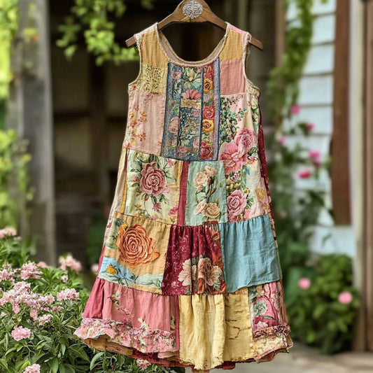 Women's Vintage Floral Pattern Patchwork Tank Midi Dress artswardrobe