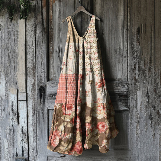 Comstylish Vintage Floral Patchwork Art Linen Tank Dress