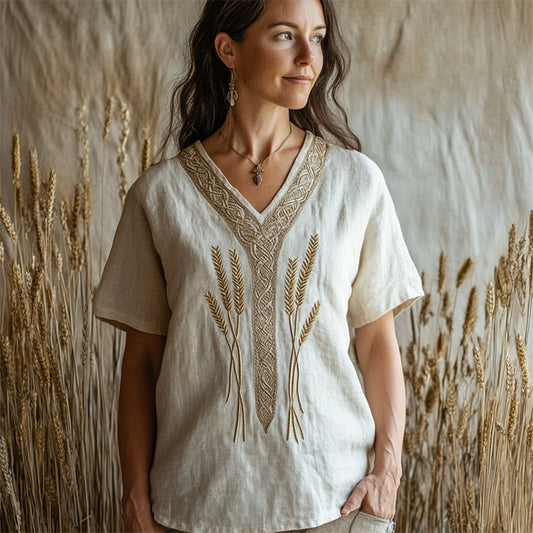 Lammas Wheat Embroidered Celtic Trim Linen Tunic artswardrobe