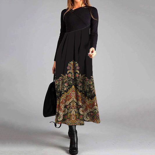 Elegant Ethnic Print Crew Neck Long Sleeve Midi Dress elevenforest