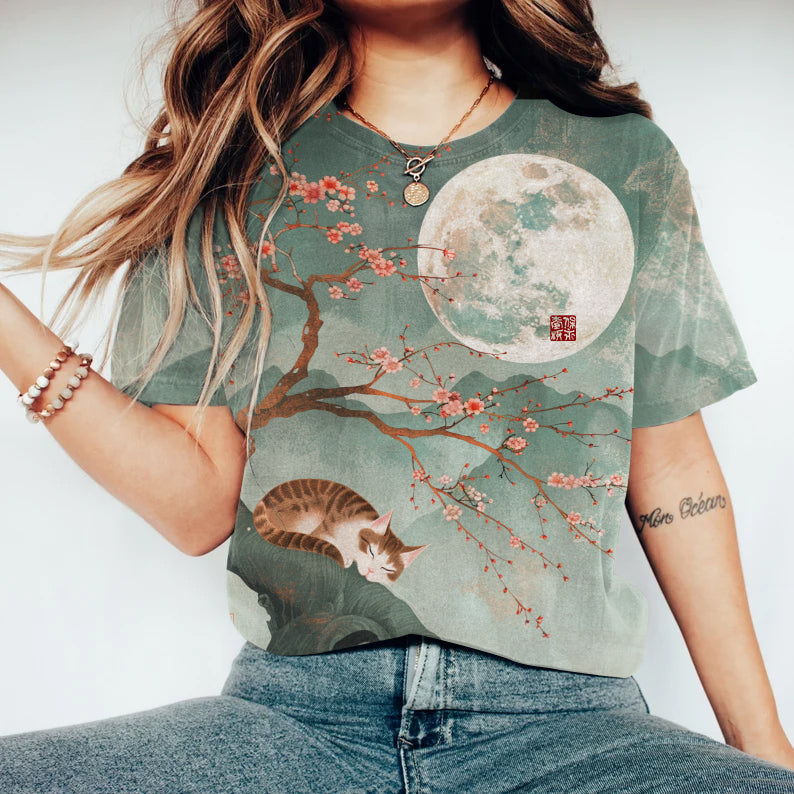 Blossom On Moonlit Japanese Cat Art Round Neck Short Sleeve T-Shirt elevenforest