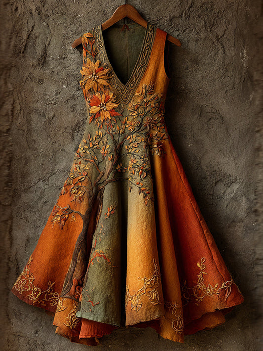 Vintage Fall Floral Tree Of Life Celtic Embroidered Dyed Linen Dress artswardrobe