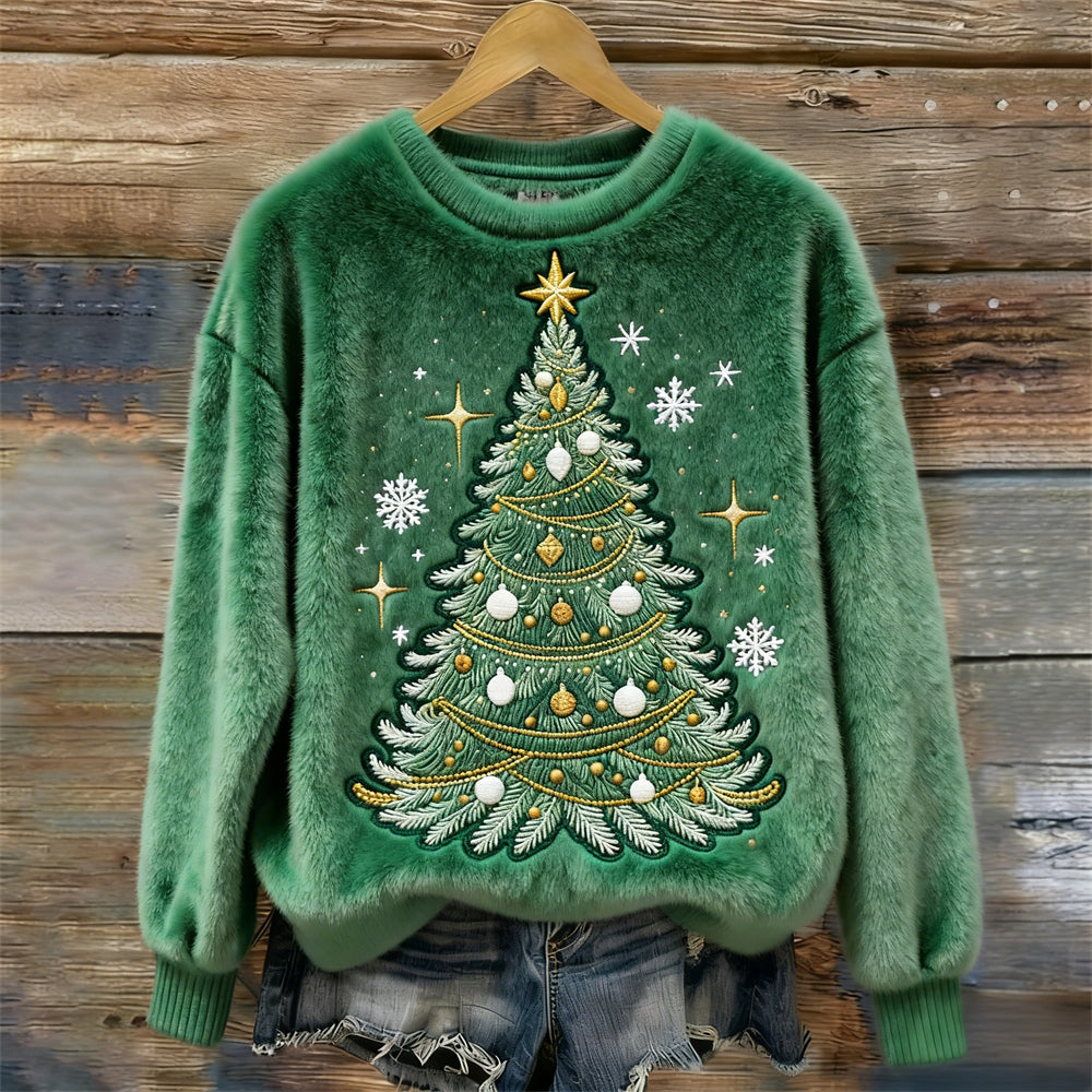Comstylish Christmas Tree Embroidered Art Women's Cozy Plush Sweater