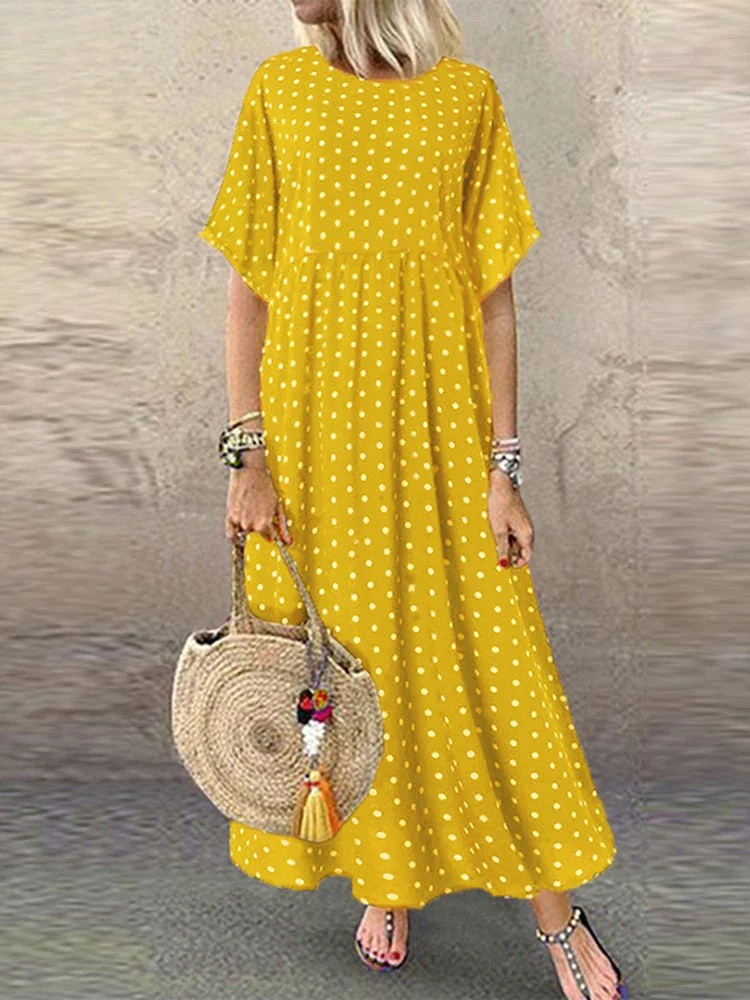 LM | Polka Dot Ladies Midi Dress Bohemian Vacation Short Sleeve O-Neck Long Robe Vintage Loose Casual A-line Vestidos Summer