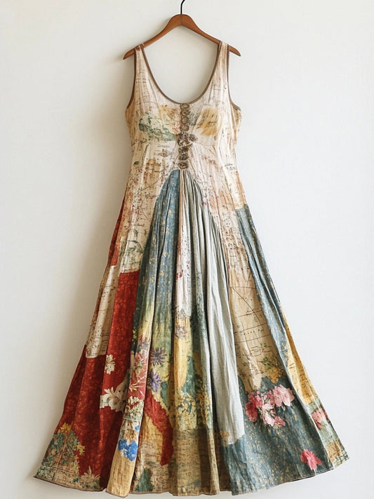 Retro Floral & Map Patchwork Linen Tank Dress artswardrobe