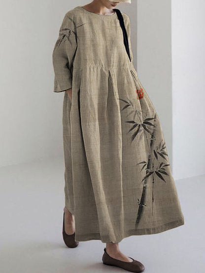 Comstylish Classy Bamboo Japanese Art Linen Blend Maxi Dress