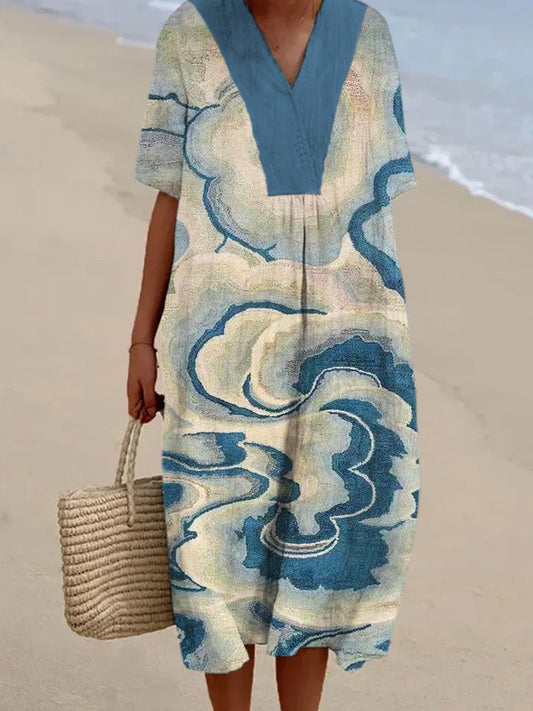 Comstylish Vintage Abstract Cloud Pattern Women's Linen Maxi Dress