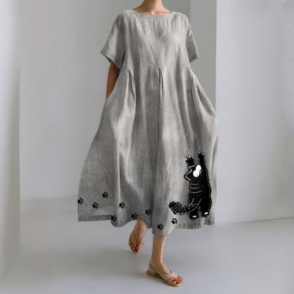 Stretching Cat & Paw Prints Embroidered Linen Blend Maxi Dress elevenforest