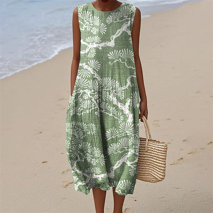 Comstylish Pine Trees Japanese Lino Pattern Flowy Linen Tank Dress