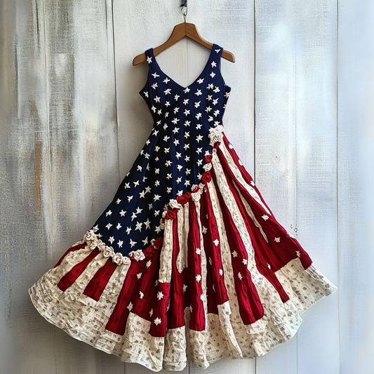 Women's Vintage Independence Day Rose Flowers Art Linen Midi Dress artswardrobe