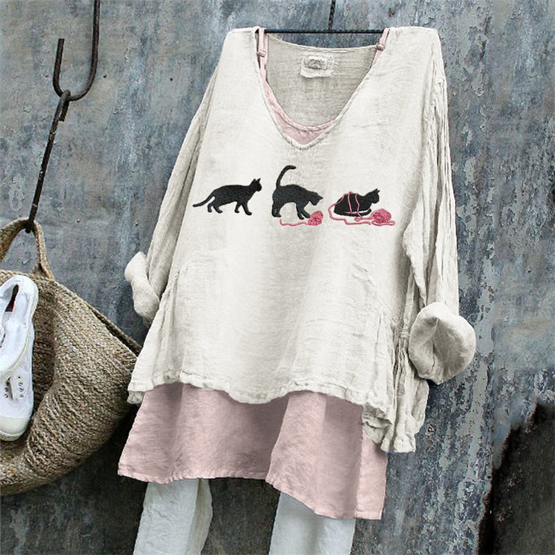 Black Cats With Pink Yarn Balls Embroidered Linen Tunic elevenforest
