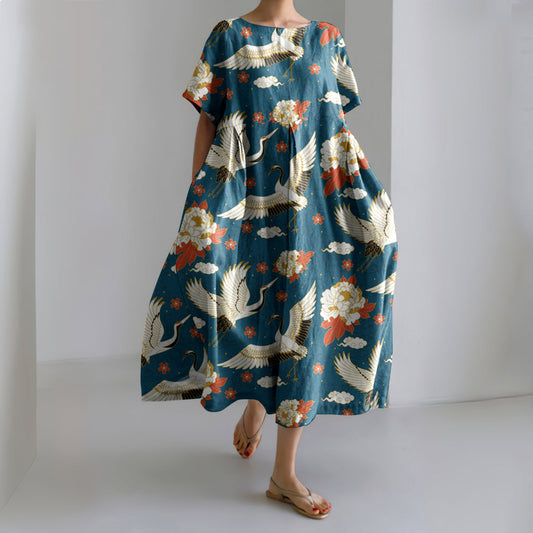Comstylish Japanese Art Floral Crane Printed Loose Midi Dress
