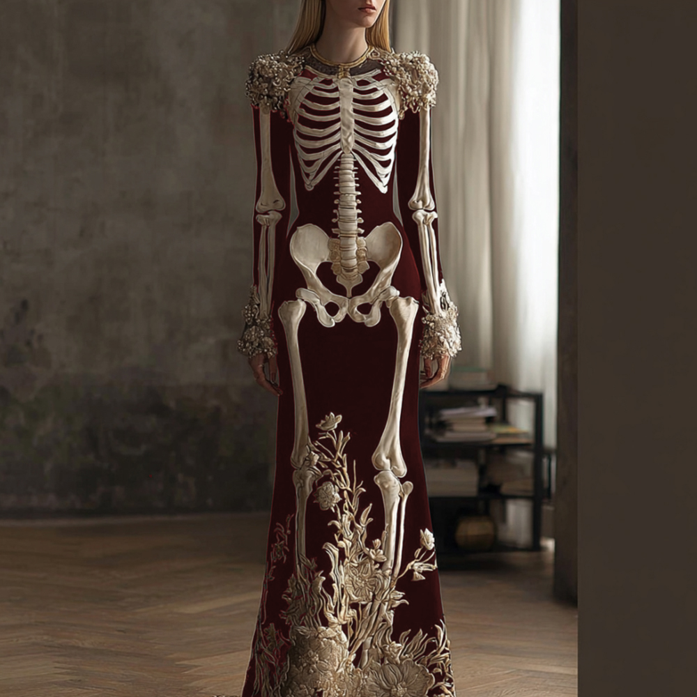 Comstylish Women's Halloween Retro Anatomy Art And Flower Gothic Velvet Long Dress