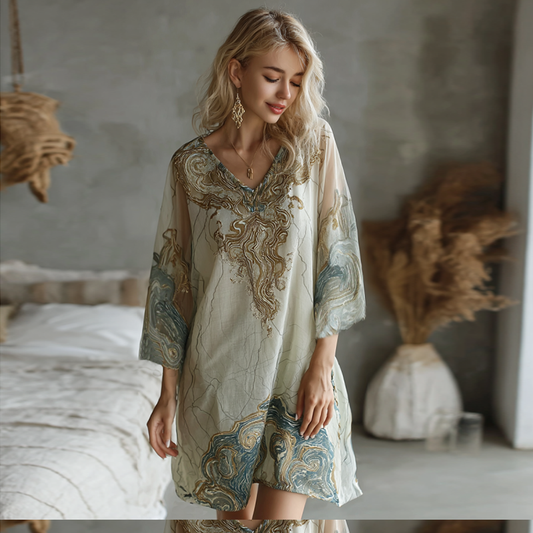 Vintage Marble Texture Collection Retro Bohemia Women Style Gradient Gilded Pattern Linen Dress artswardrobe