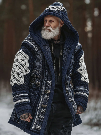 Men's Viking Celtic Geometry Pattern Art Cozy Knit Hooded Cardigan artswardrobe