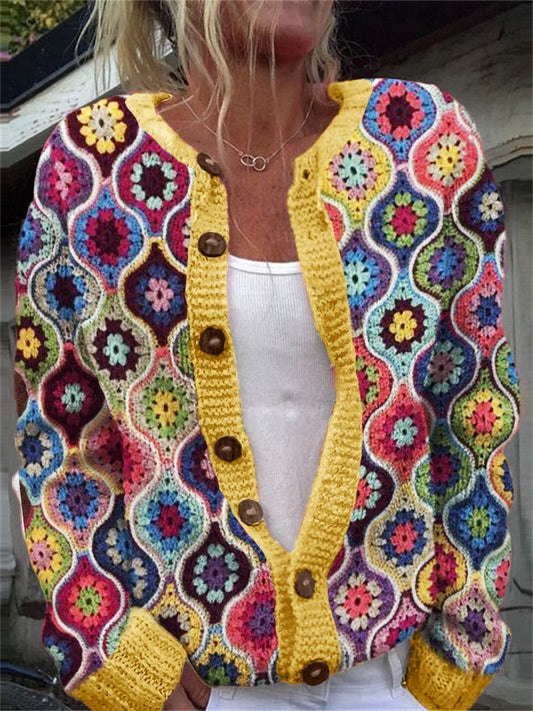 Boho Ethnic Colorful Floral Crochet Cozy Cardigan artswardrobe