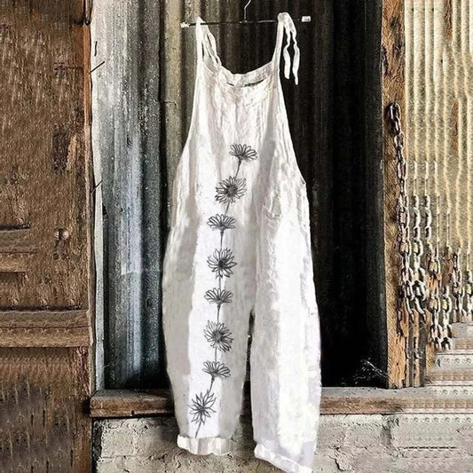 Women's Bohemian Style White Daisy Floral Linen Print Cotton Linen Jumpsuit artswardrobe