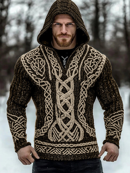 Men's Viking Tribal Jacquard Inspired Celtic Hooded Sweater artswardrobe