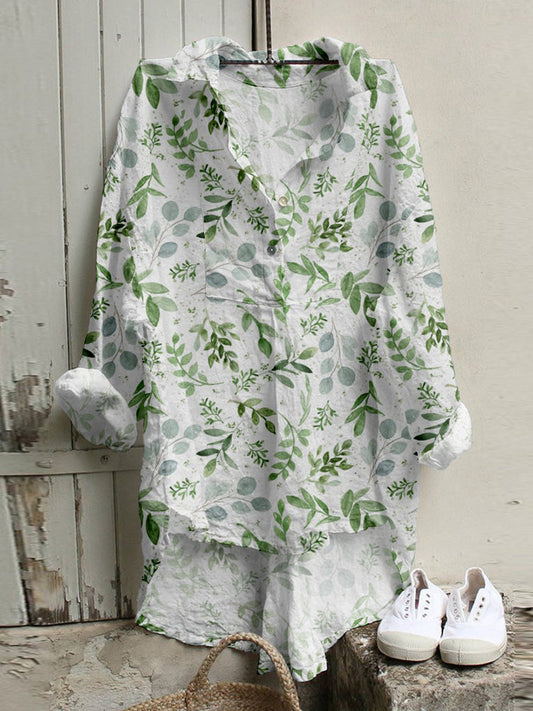 Comstylish Watercolor Leaves Linen Blend High Low Tunic