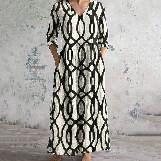 Geometric Print V-neck Linen Blend Midi Dress artswardrobe