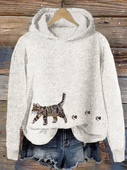 Cat & Paw Prints Embroidered Cozy Knit Hooded Sweater elevenforest