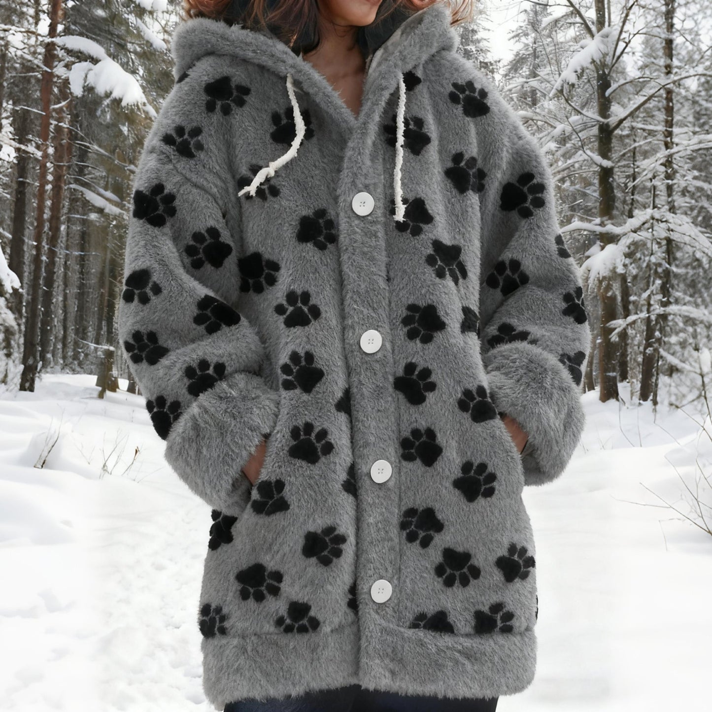 Comstylish Vintage Puppy Paw Art Cozy Knit Hooded Cardigan