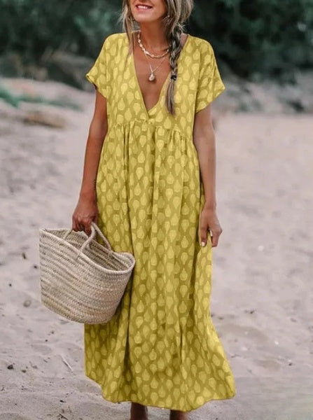 LM | Casual dress in printed fabric with a V-neckline and long sleeves