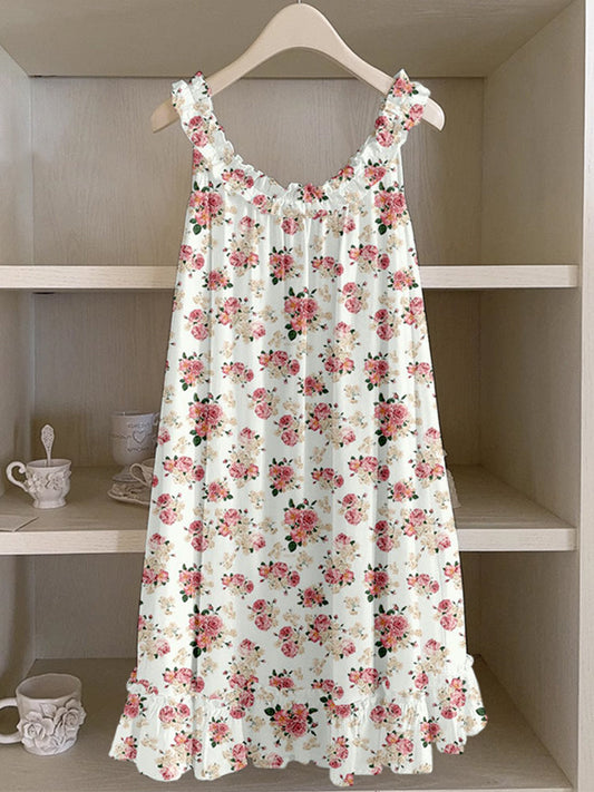 Vintage Cottagecore Floral Ruffle Trim Linen Dress artswardrobe