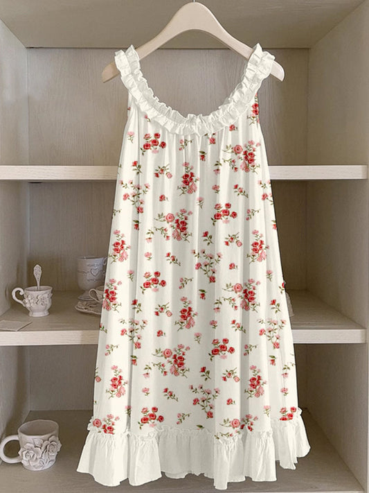 Vintage Cottagecore Floral Pattern Ruffle Trim Linen Dress artswardrobe
