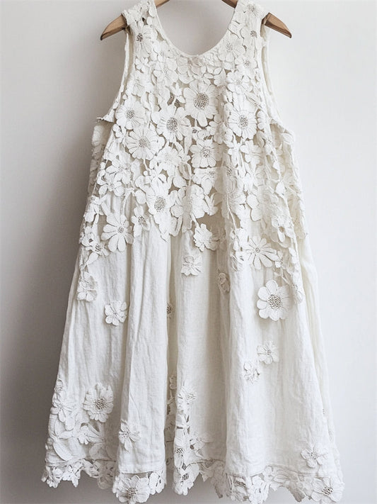 Classy 3d Floral Hollow Lace Patchwork Linen Tank Dress artswardrobe