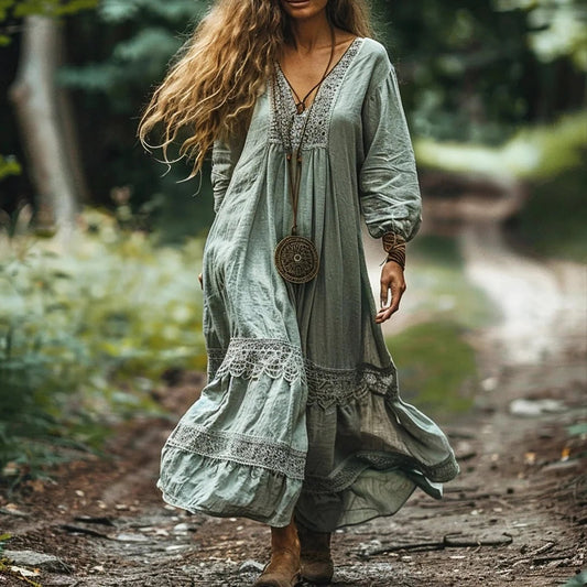 Women's Bohemian V-neck Linen Blend Ethnic Midi Dress artswardrobe