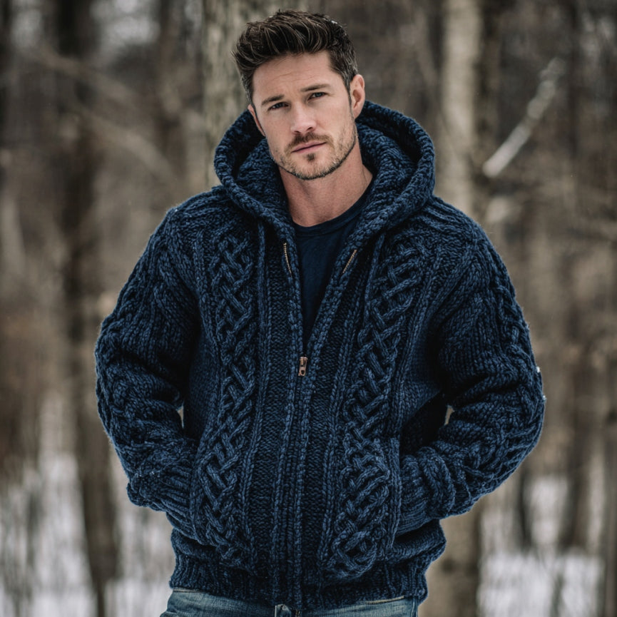 Men's Vintage Fairman Island Jacquard Thick Warm Zip Hooded Sweater Cardigan elevenforest