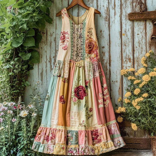 Women's Vintage Floral Pattern Patchwork Midi Dress artswardrobe