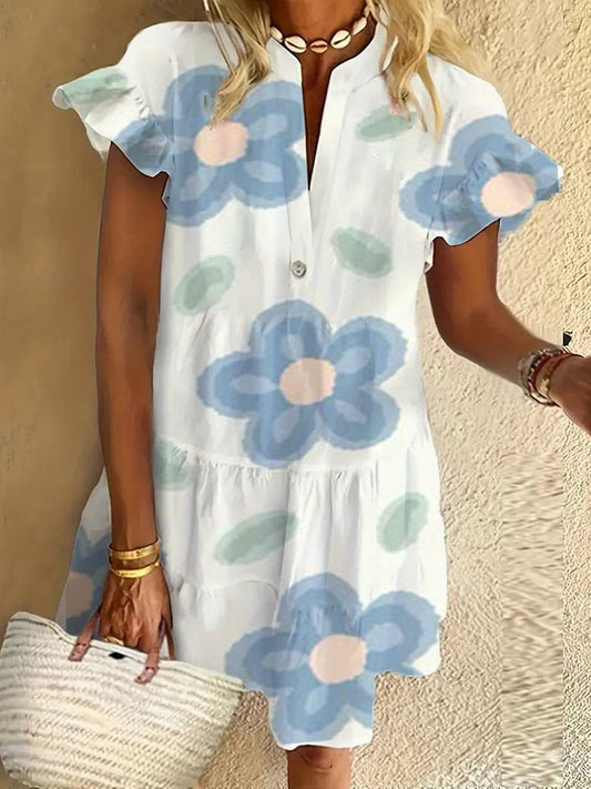 Flower ruffle short-sleeved V-neck button dress holiday beach dress
