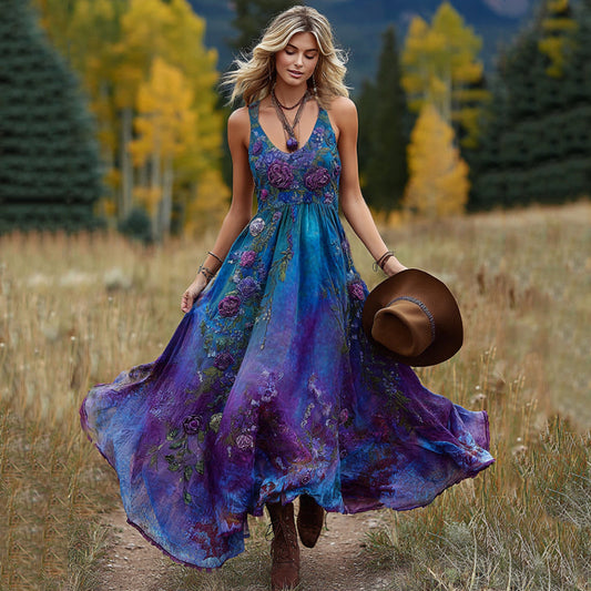 Vintage Purple And Blue Lavender Patchwork And Floral Embroidered Art Linen Sleeveless Maxi Dress artswardrobe