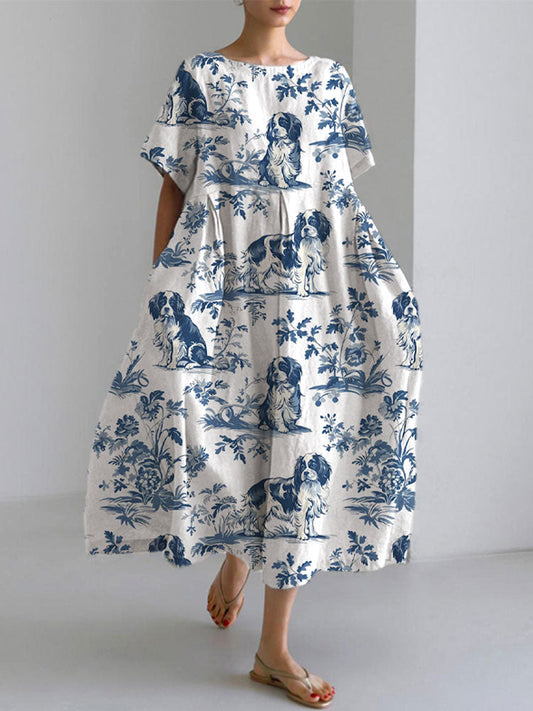 Comstylish Women's Retro Funny Denim Patch Animal Dog Print Casual Dress